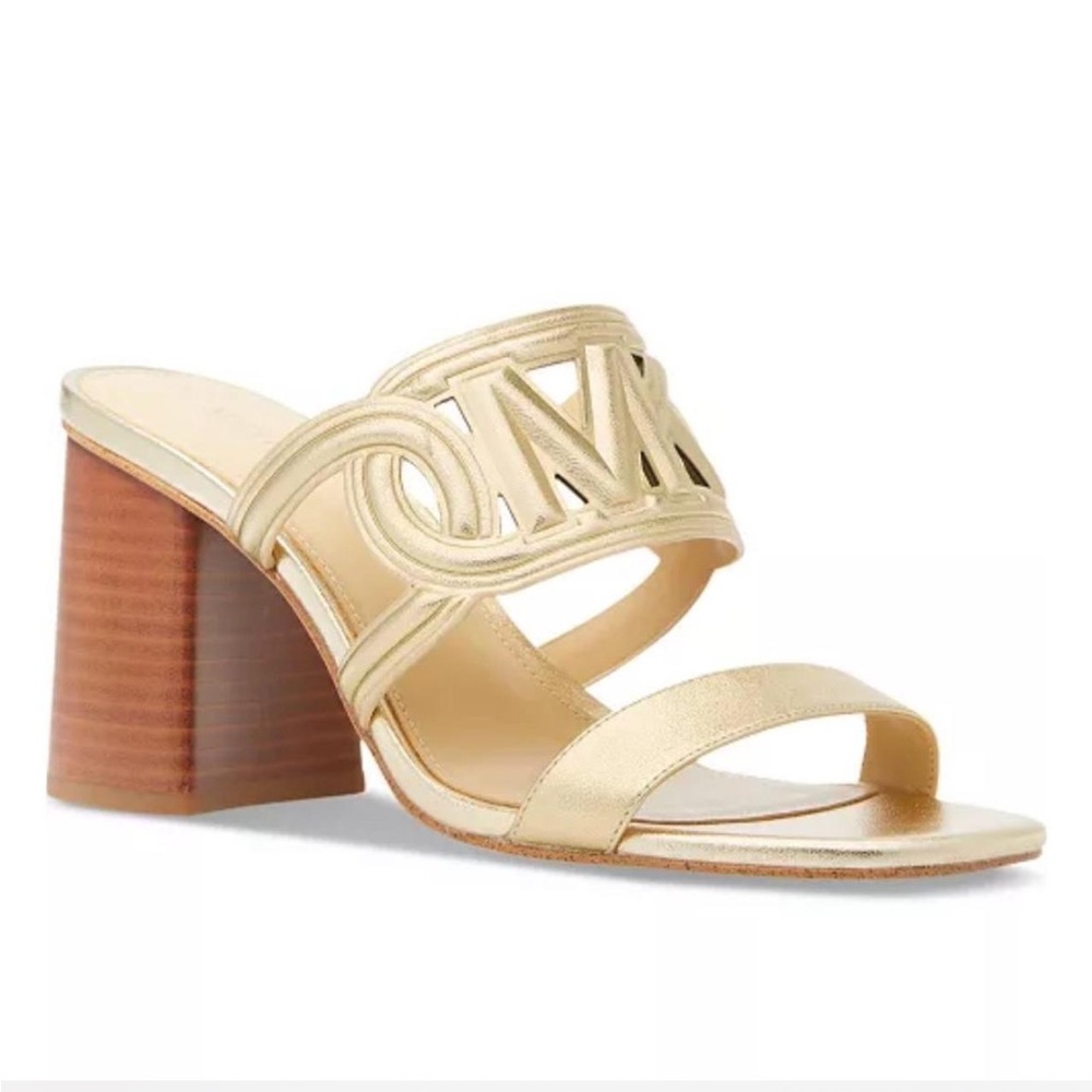 Michael Kors Alma mid block metallic gold leather slide heels